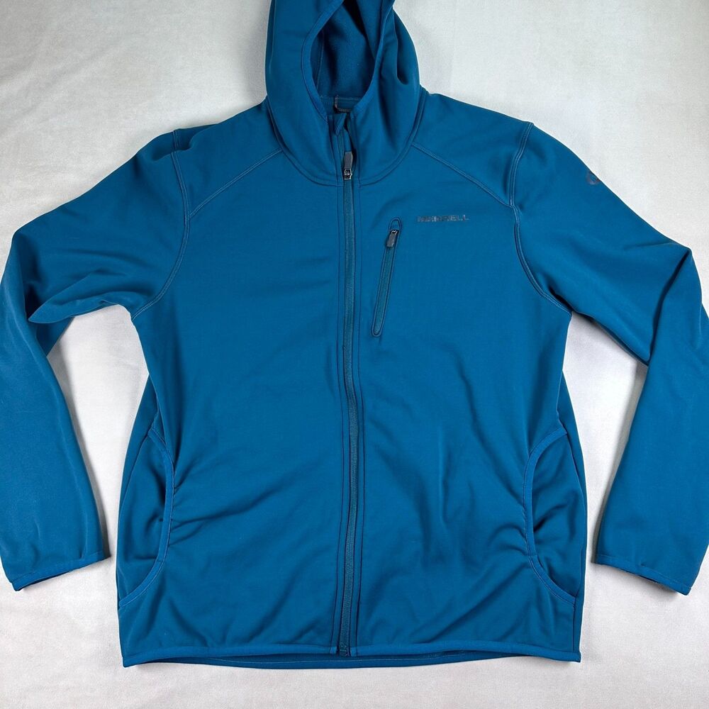Merrell Mens Large Blue Teal Hooded Full Zip Fleece Jacket Hiking Outdoor Pocket